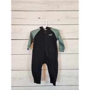 Puma Baby Toddler Black Green Infant Full Zip Hoodie Coverall Onepiece‎ Sz 6-9M